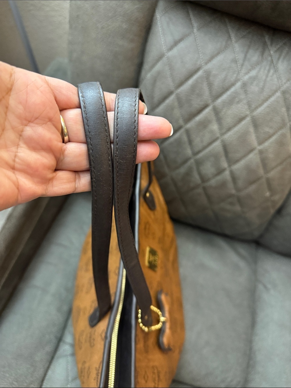 MCM Cognac Visetos Tote with Dark Brown Handles and Bone Charm - Picture 2 of 7